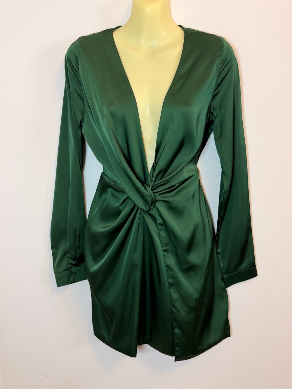 Fashion Nova Green Silky Knot Front Long Sleeve Mini Dress